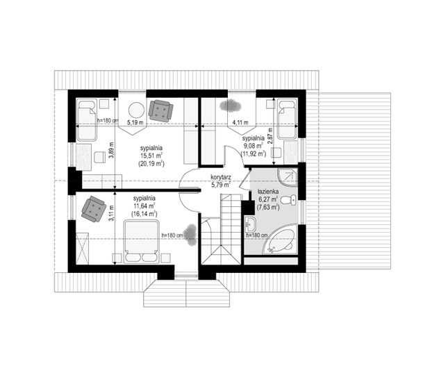 Rzut poddasza POW. 61,7 m²