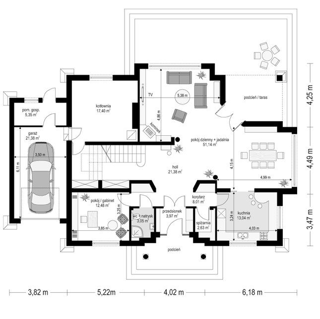 Rzut parteru POW. 159,8 m²