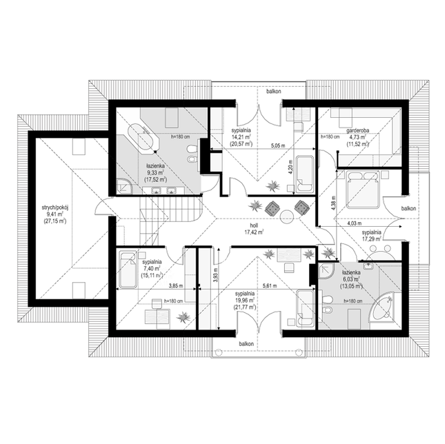 Rzut poddasza POW. 161,4 m²
