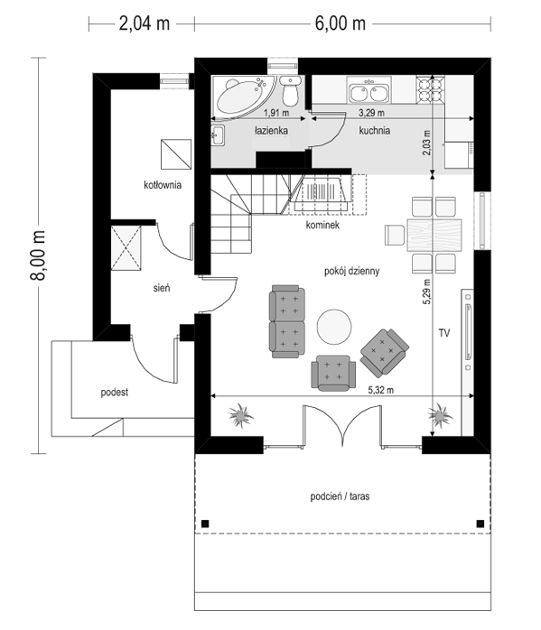 Rzut parteru POW. 46,9 m²