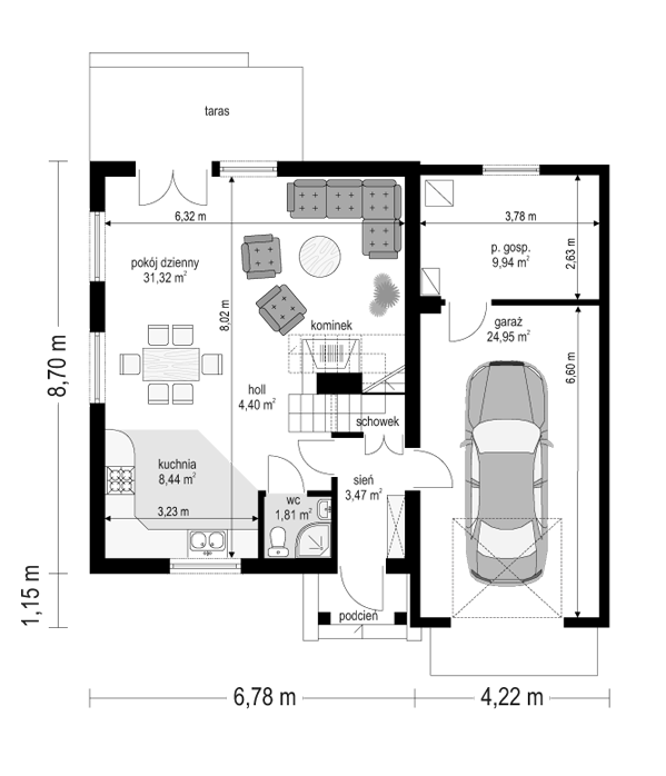 Rzut parteru POW. 84,3 m²