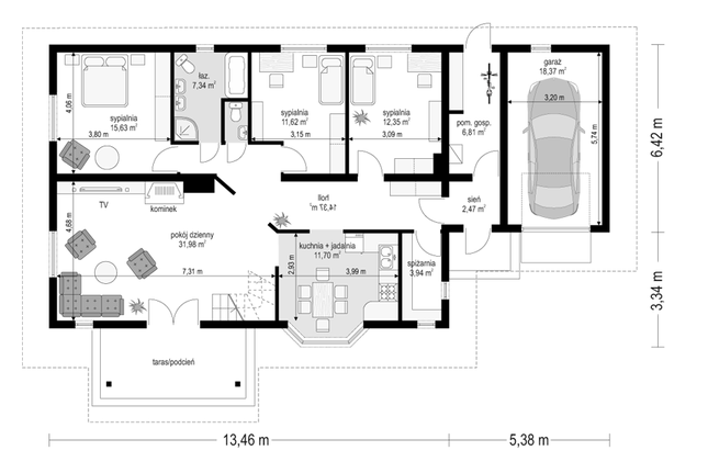 Rzut parteru lustro POW. 136,6 m²