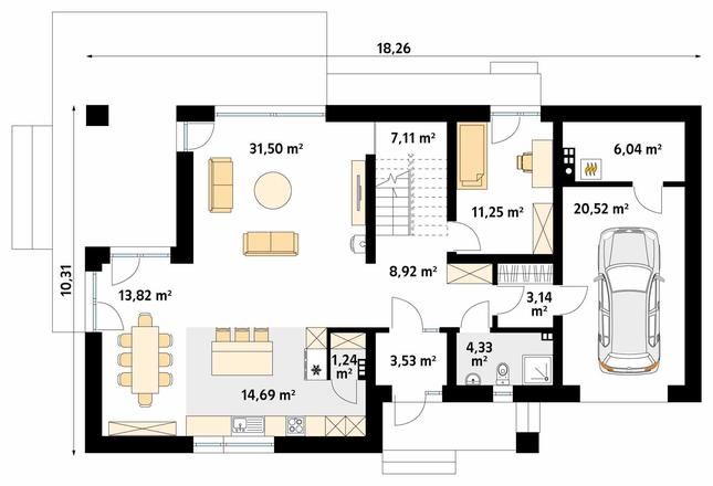 Rzut parteru POW. 126,1 m²