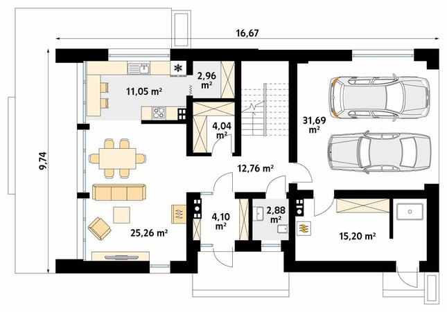 Rzut parteru POW. 109,9 m²