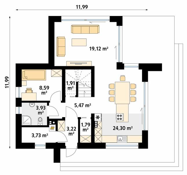 Rzut parteru POW. 72,1 m²