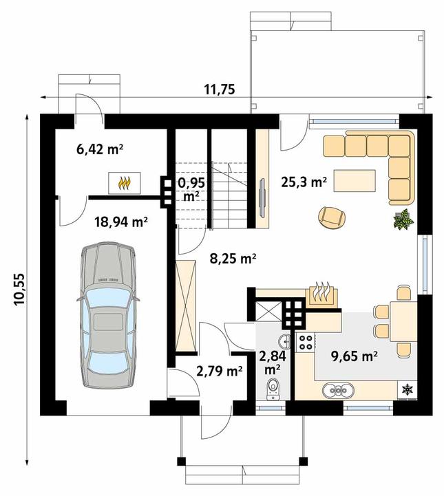Rzut parteru POW. 75,1 m²