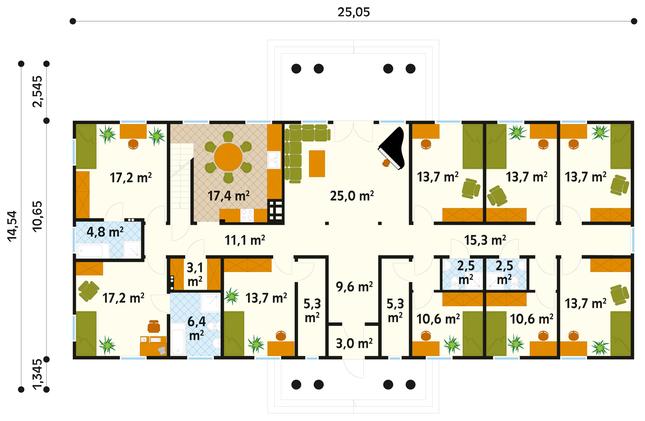 Rzut parteru: (plus możliwość adaptacji poddasza 142,3 m2) POW. 235,4 m²