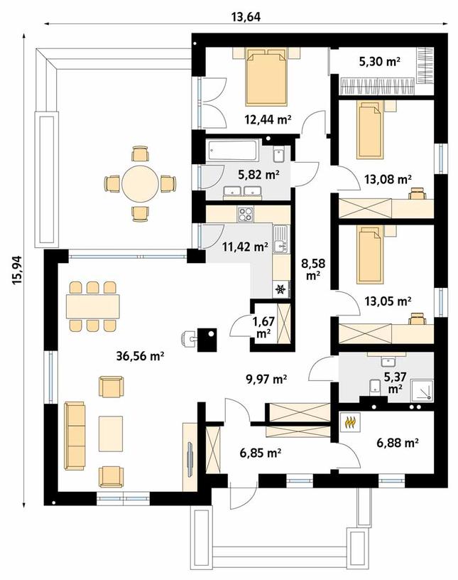 Rzut parteru POW. 136,1 m²