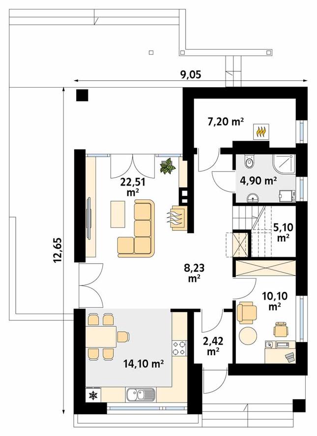 Rzut parteru POW. 74,6 m²
