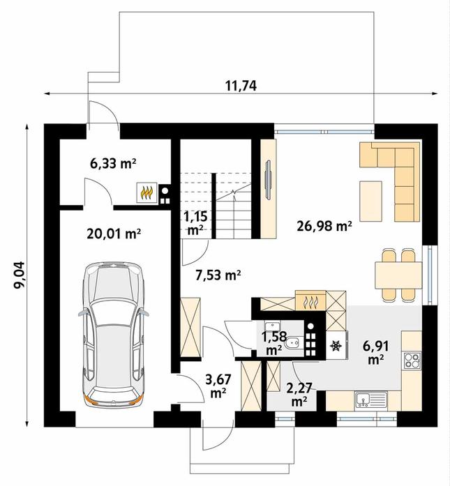Rzut parteru POW. 76,4 m²