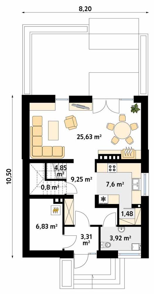 Rzut parteru POW. 63,7 m²