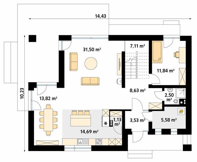 Rzut parteru POW. 100,3 m²