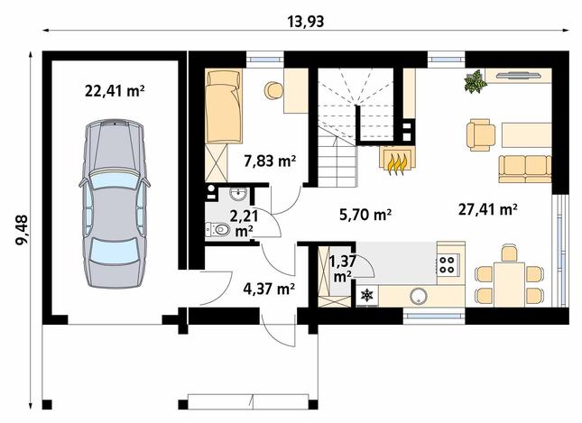 Rzut parteru POW. 76,5 m²