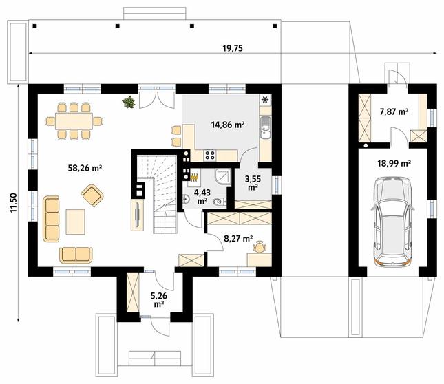 Rzut parteru POW. 121,5 m²