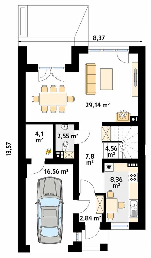 Rzut parteru POW. 75,9 m²