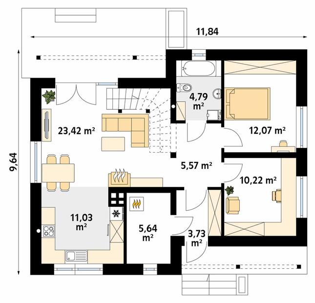 Rzut parteru POW. 76,5 m²