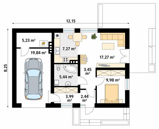 Rzut parteru POW. 74,9 m²