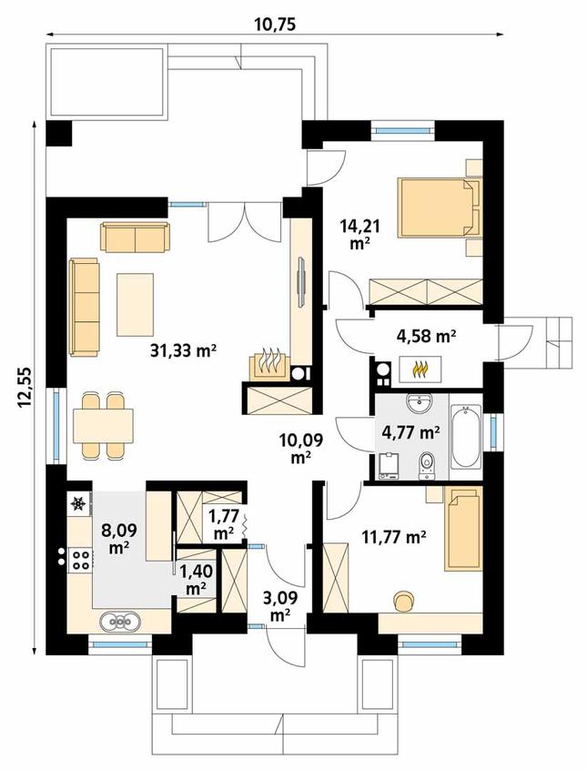 Rzut parteru POW. 91,1 m²