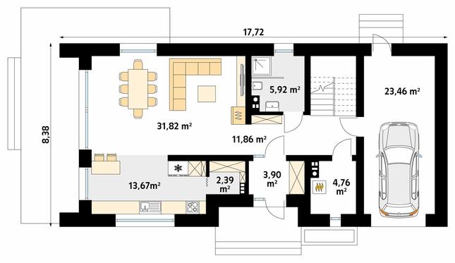 Rzut parteru POW. 97,8 m²