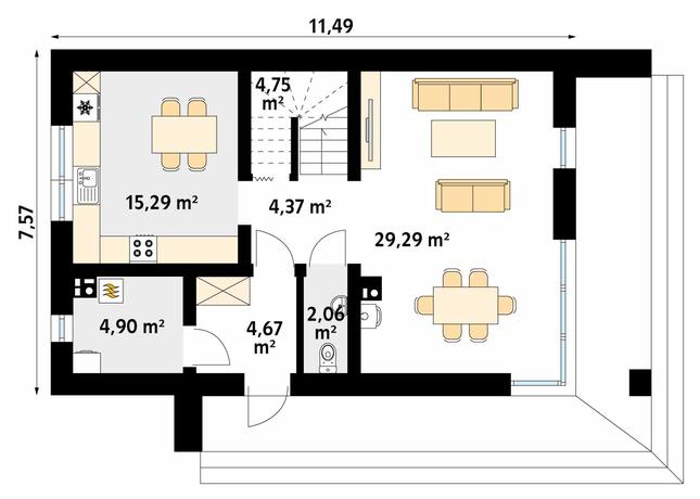 Rzut parteru POW. 65,3 m²