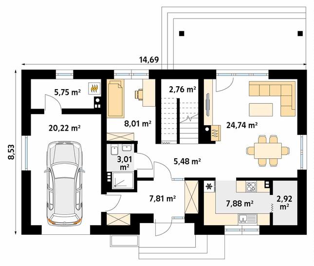 Rzut parteru POW. 88,7 m²