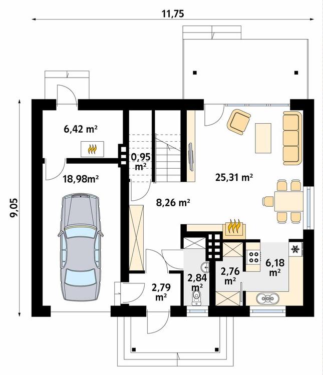 Rzut parteru POW. 74,5 m²