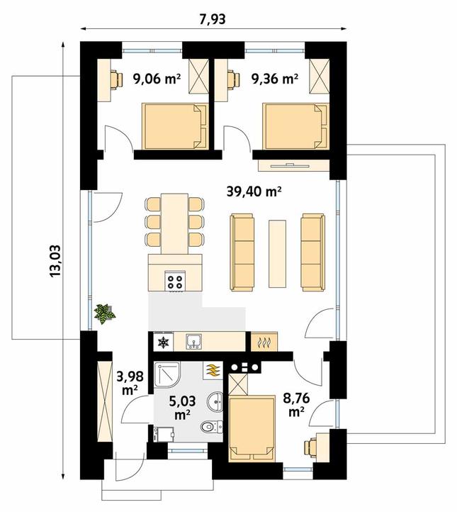 Rzut parteru POW. 75,6 m²