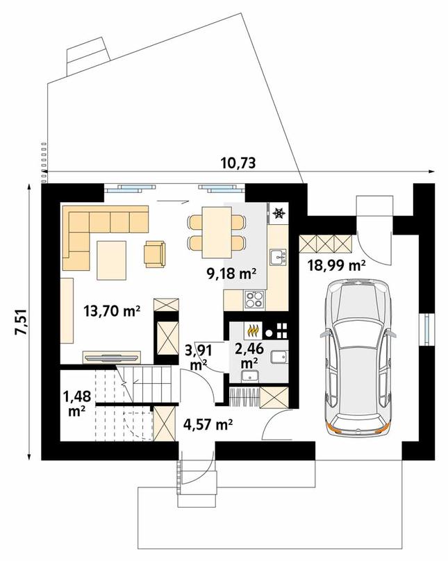 Rzut parteru POW. 54,3 m²