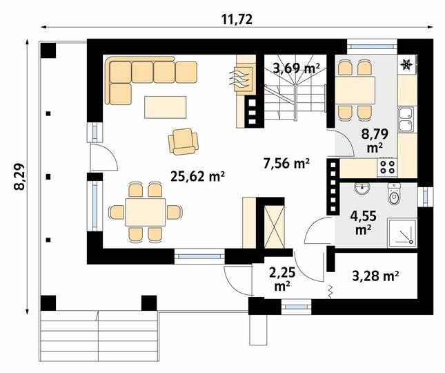 Rzut parteru POW. 55,7 m²