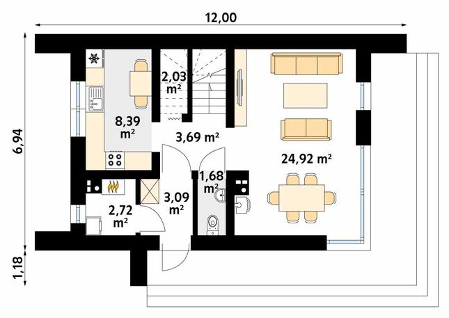 Rzut parteru POW. 46,5 m²