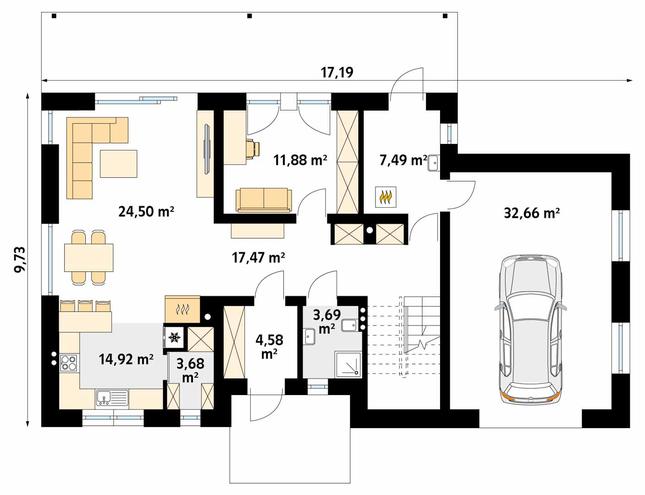 Rzut parteru POW. 116,7 m²