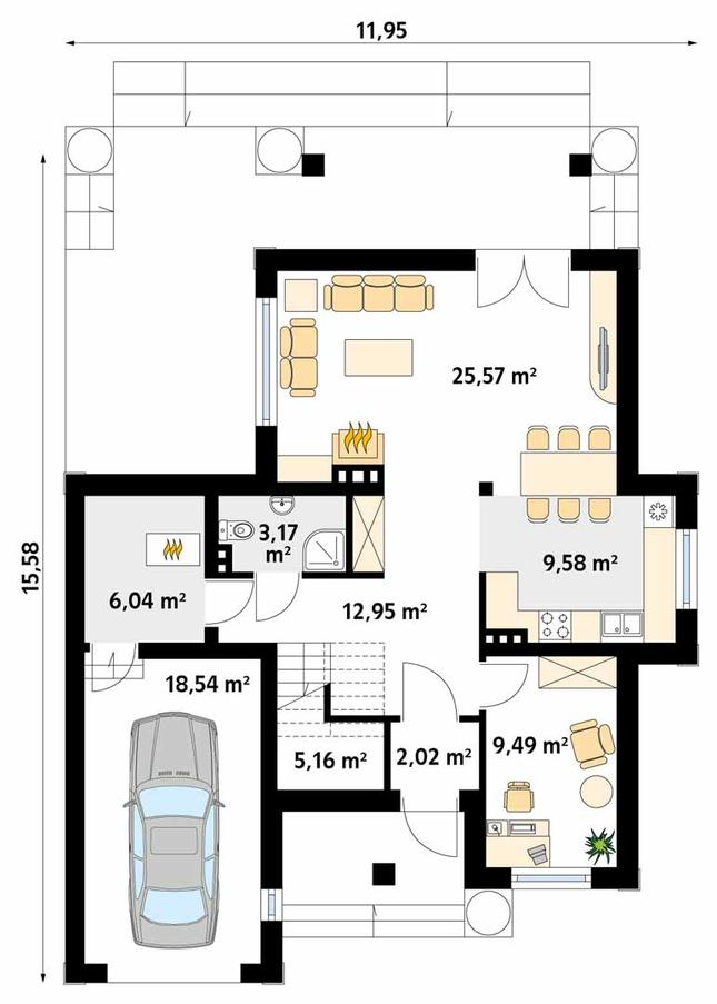 Rzut parteru POW. 92,5 m²