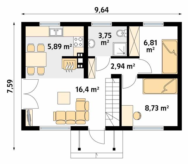 Rzut parteru POW. 44,5 m²