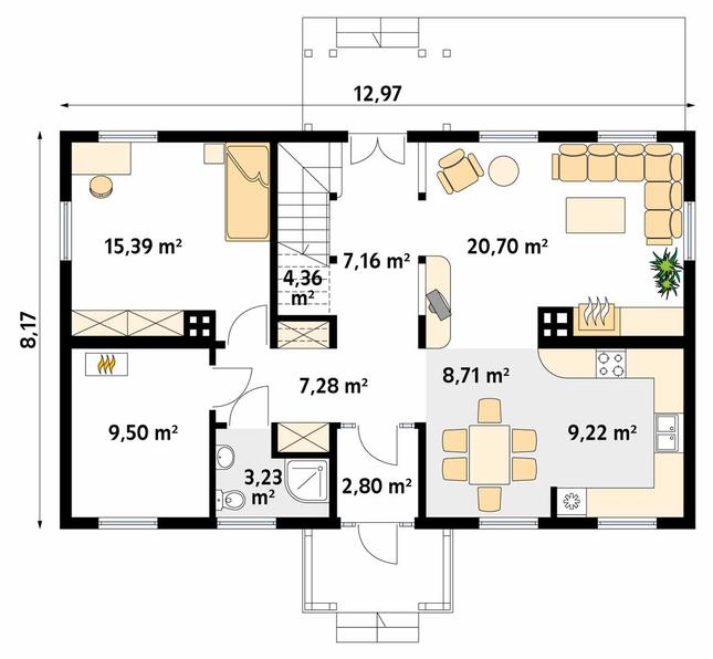 Rzut parteru POW. 88,4 m²