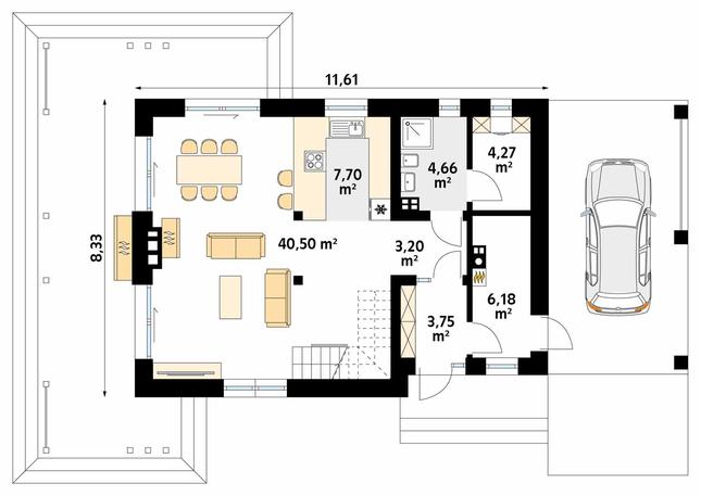 Rzut parteru POW. 70,3 m²