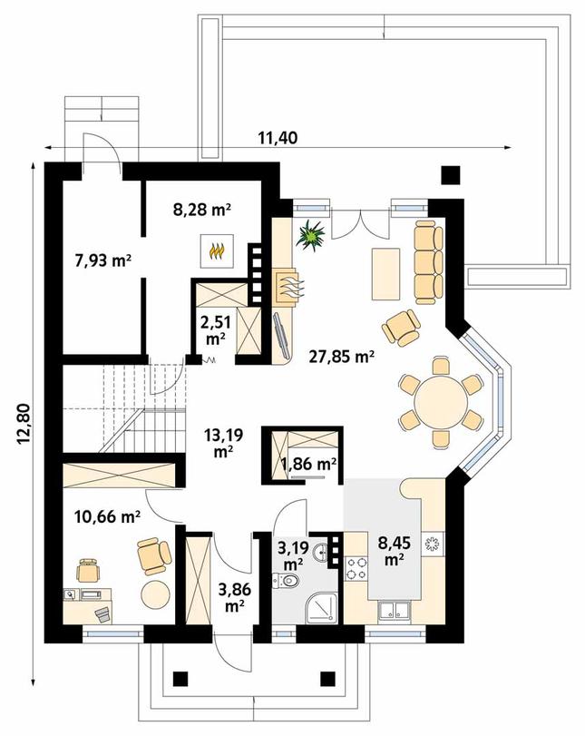 Rzut parteru POW. 87,8 m²