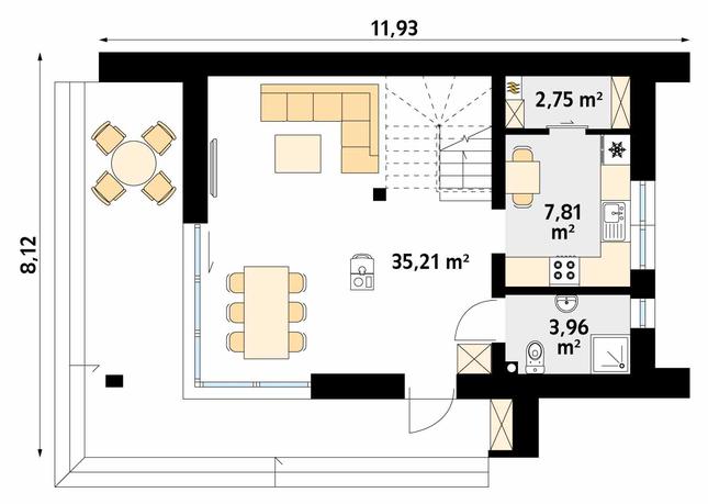 Rzut parteru POW. 49,7 m²