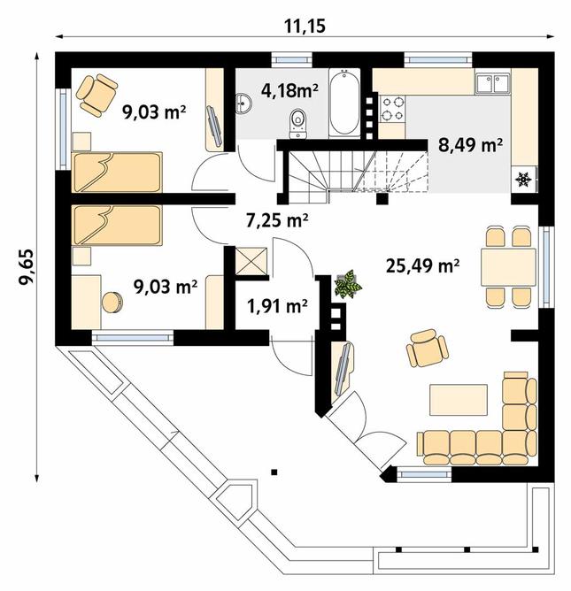 Rzut parteru POW. 65,4 m²