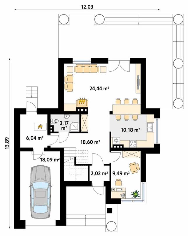 Rzut parteru POW. 92,0 m²
