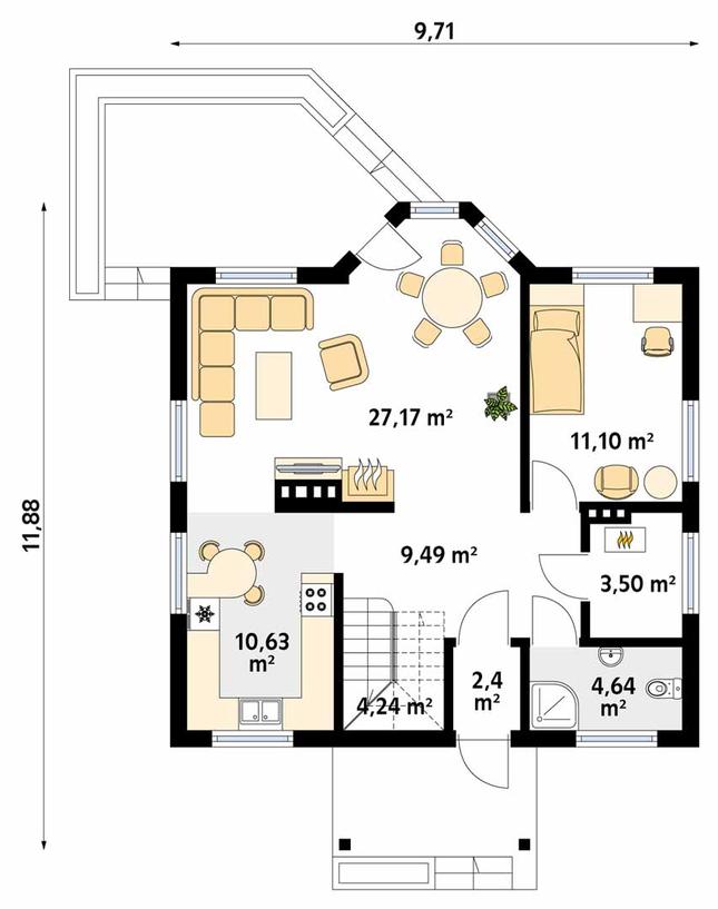 Rzut parteru POW. 73,2 m²