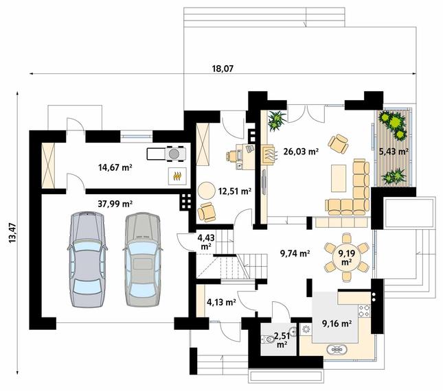 Rzut parteru POW. 135,8 m²