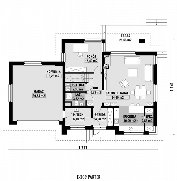 Rzut parteru POW. 128,9 m²