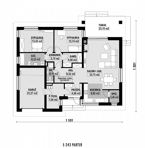 Rzut parteru POW. 133,8 m²