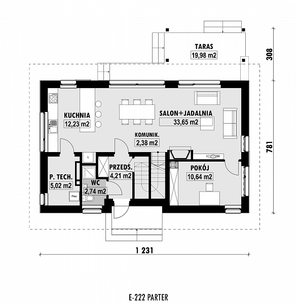 Rzut parteru POW. 70,9 m²