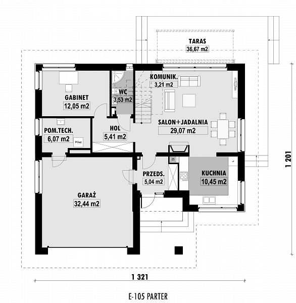 Rzut parteru POW. 107,3 m²