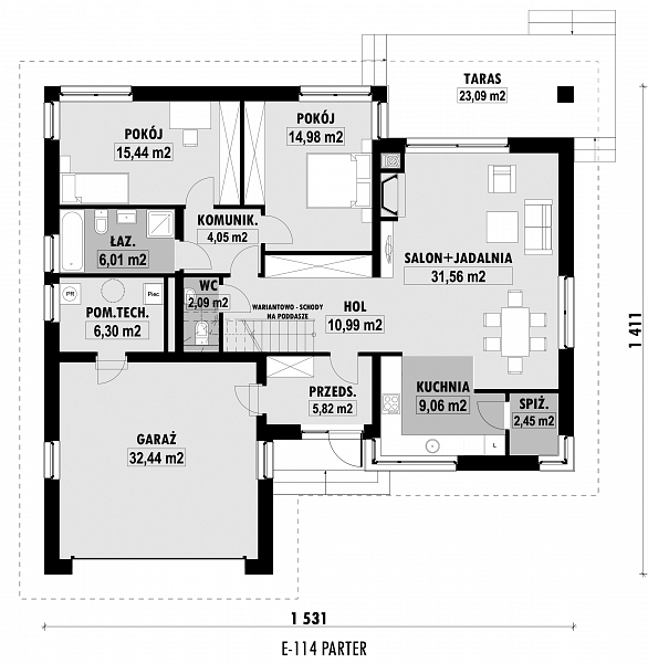 Rzut parteru POW. 141,2 m²