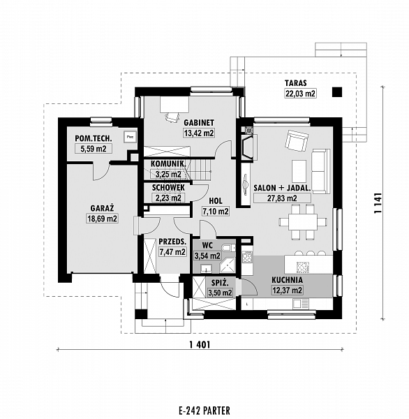 Rzut parteru POW. 105,0 m²