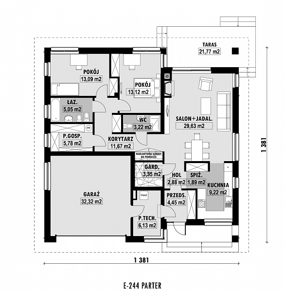 Rzut parteru POW. 141,8 m²