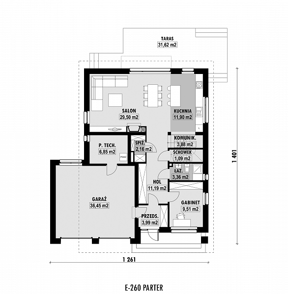 Rzut parteru POW. 119,9 m²