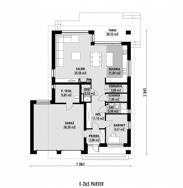 Rzut parteru POW. 125,9 m²